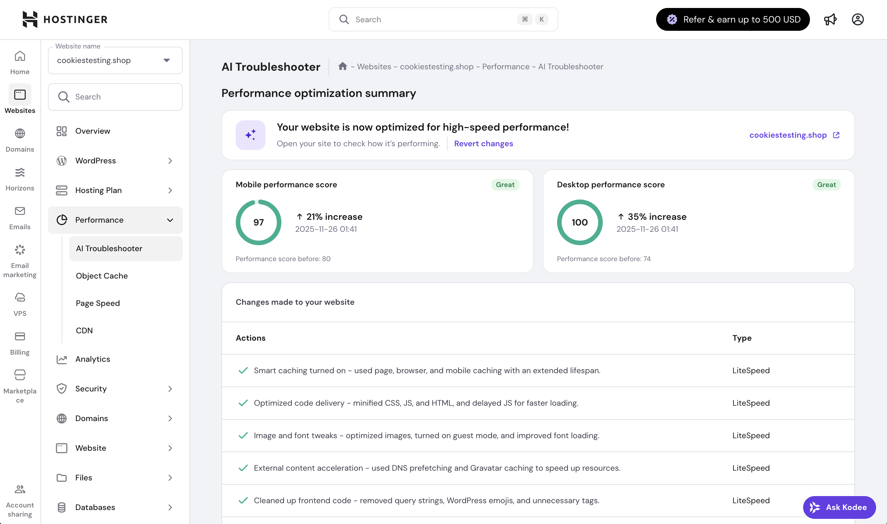 Скриншот интерфейса Hostinger