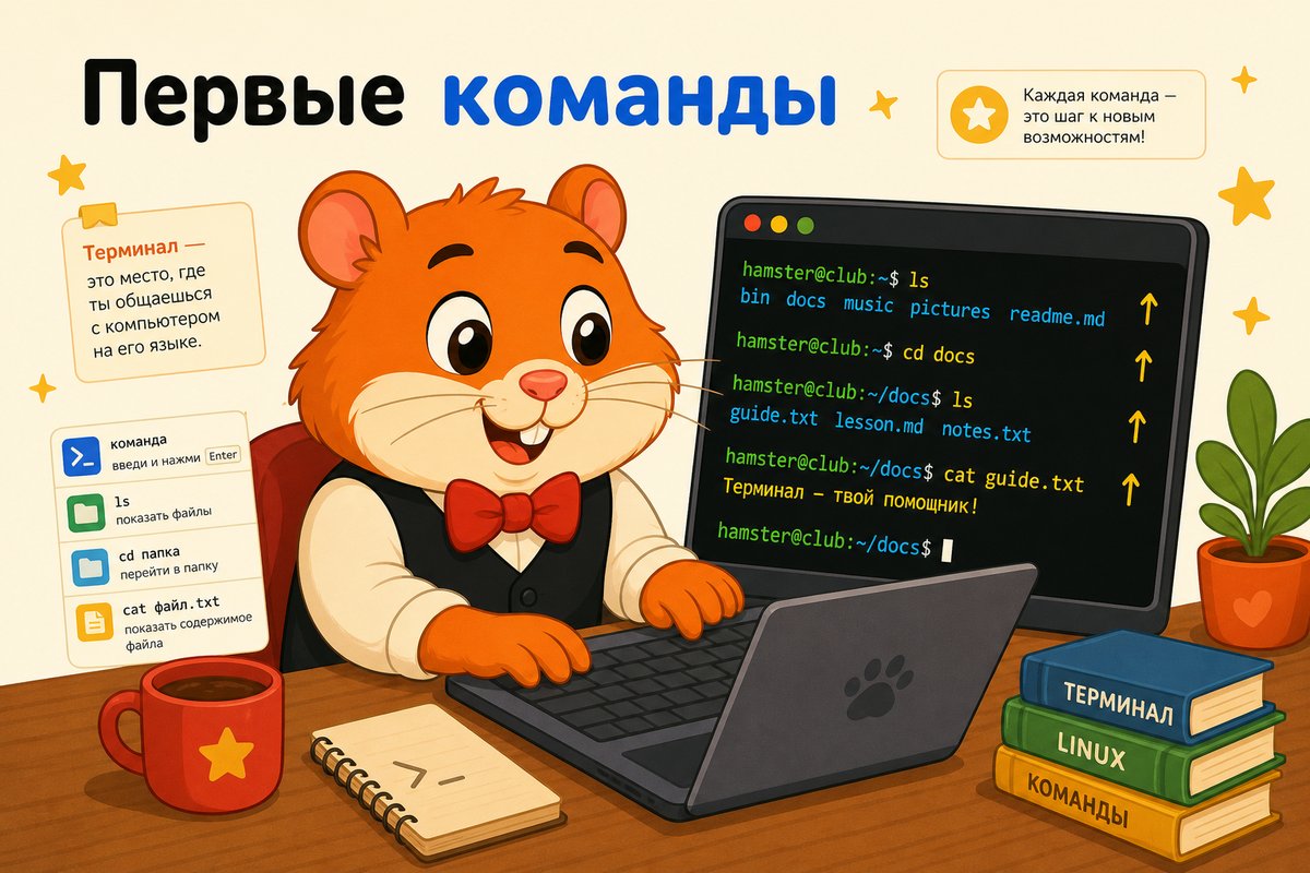 Хомяк печатает команду в терминале