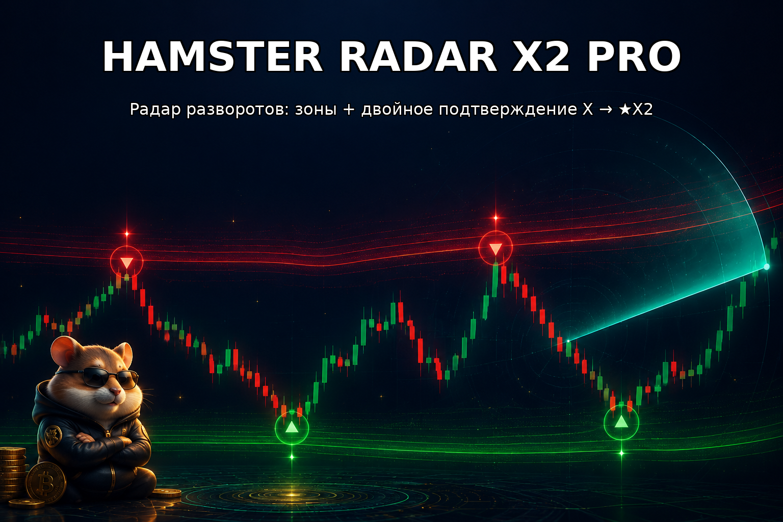 Hamster Radar X2 Pro индикатор на графике TradingView: динамические зоны разворота, бейджи-метки X/X2 для сигналов выхода