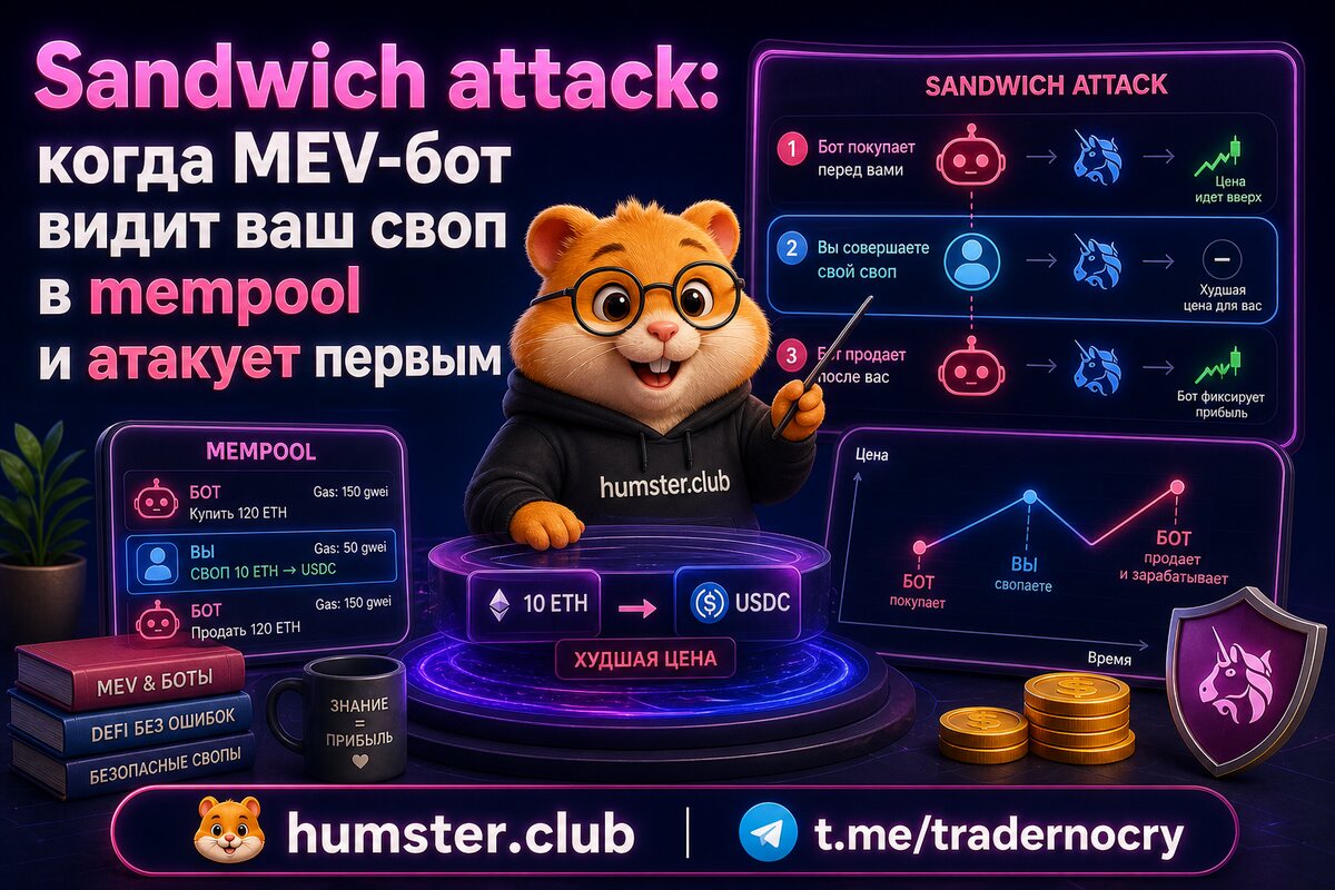 Sandwich attack: когда MEV-бот видит ваш своп в mempool и атакует первым